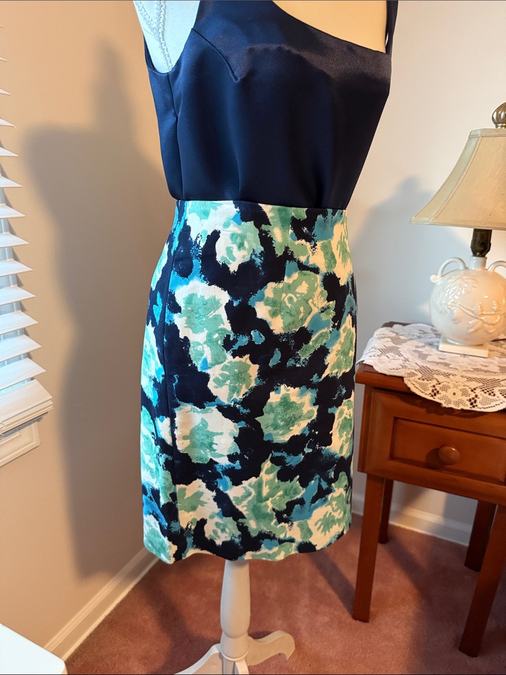 Dalia Navy, Teal, and White Floral Pencil Skirt